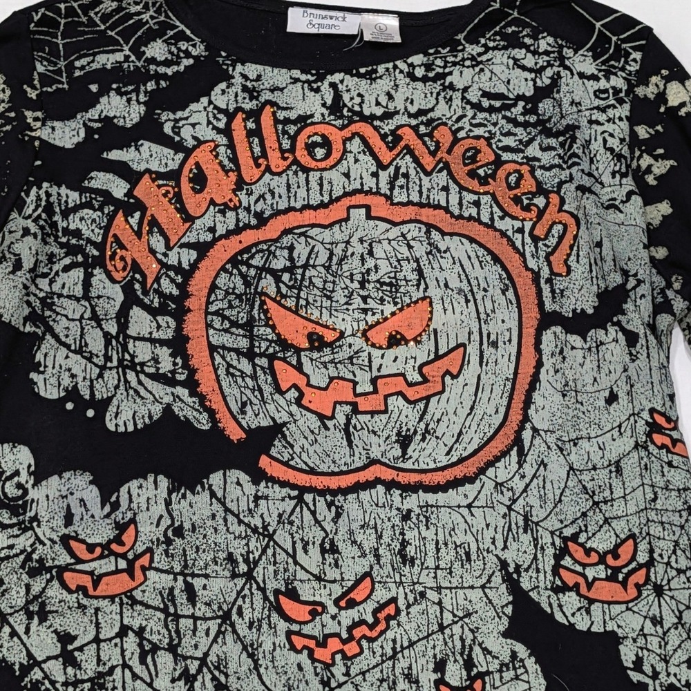 Brunswick Square Halloween Pumpkin Bat Spiderweb Glitter Long Sleeve Shirt Large